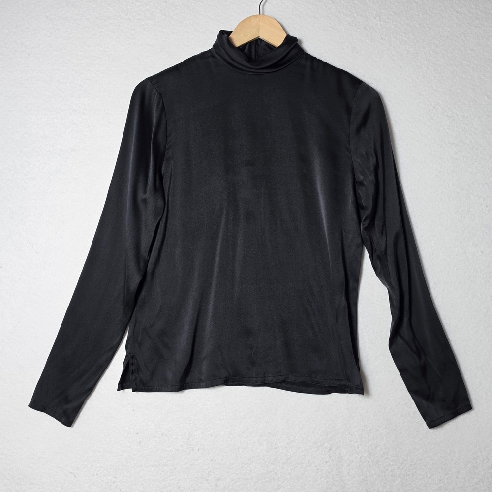 Linda Allard Ellen Tracy Womens Blouse 10 Black Silk Mock Neck Solid Chic Top